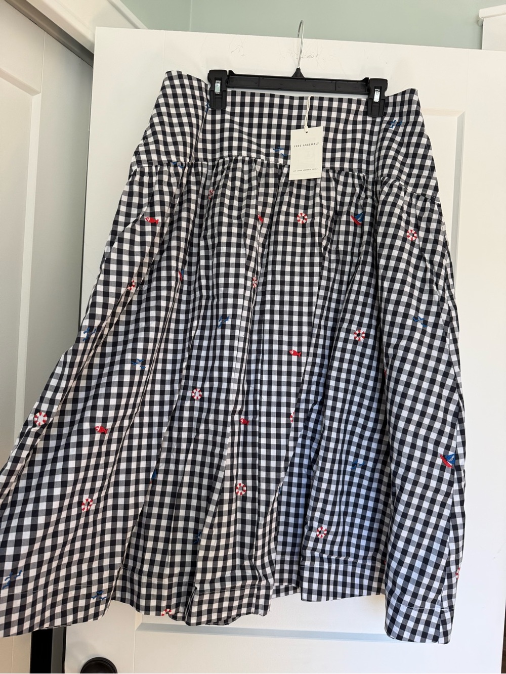 NWT Free Assembly Nautical Embroidered Gingham Midi Skirt 14